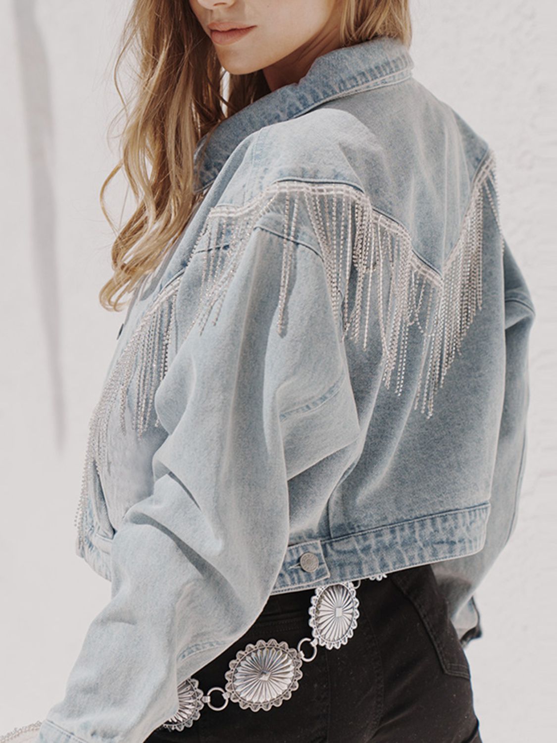 Fringe Detail Dropped Shoulder Denim Jacket BLUE ZONE PLANET