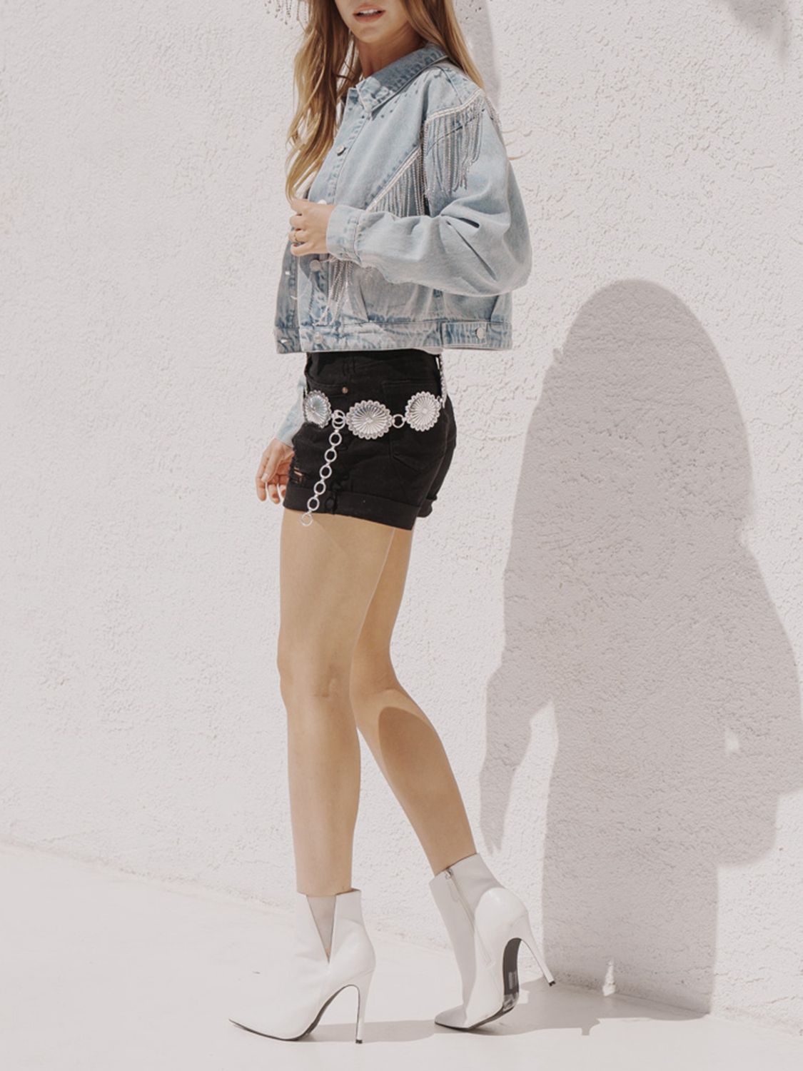 Fringe Detail Dropped Shoulder Denim Jacket BLUE ZONE PLANET