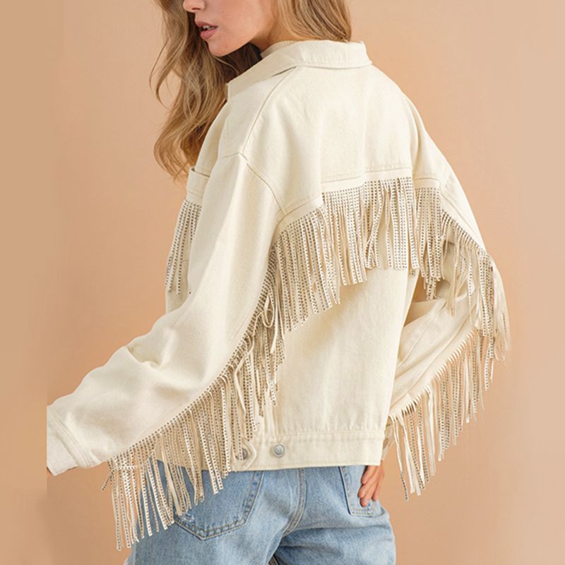 Fringe Detail Dropped Shoulder Denim Jacket BLUE ZONE PLANET