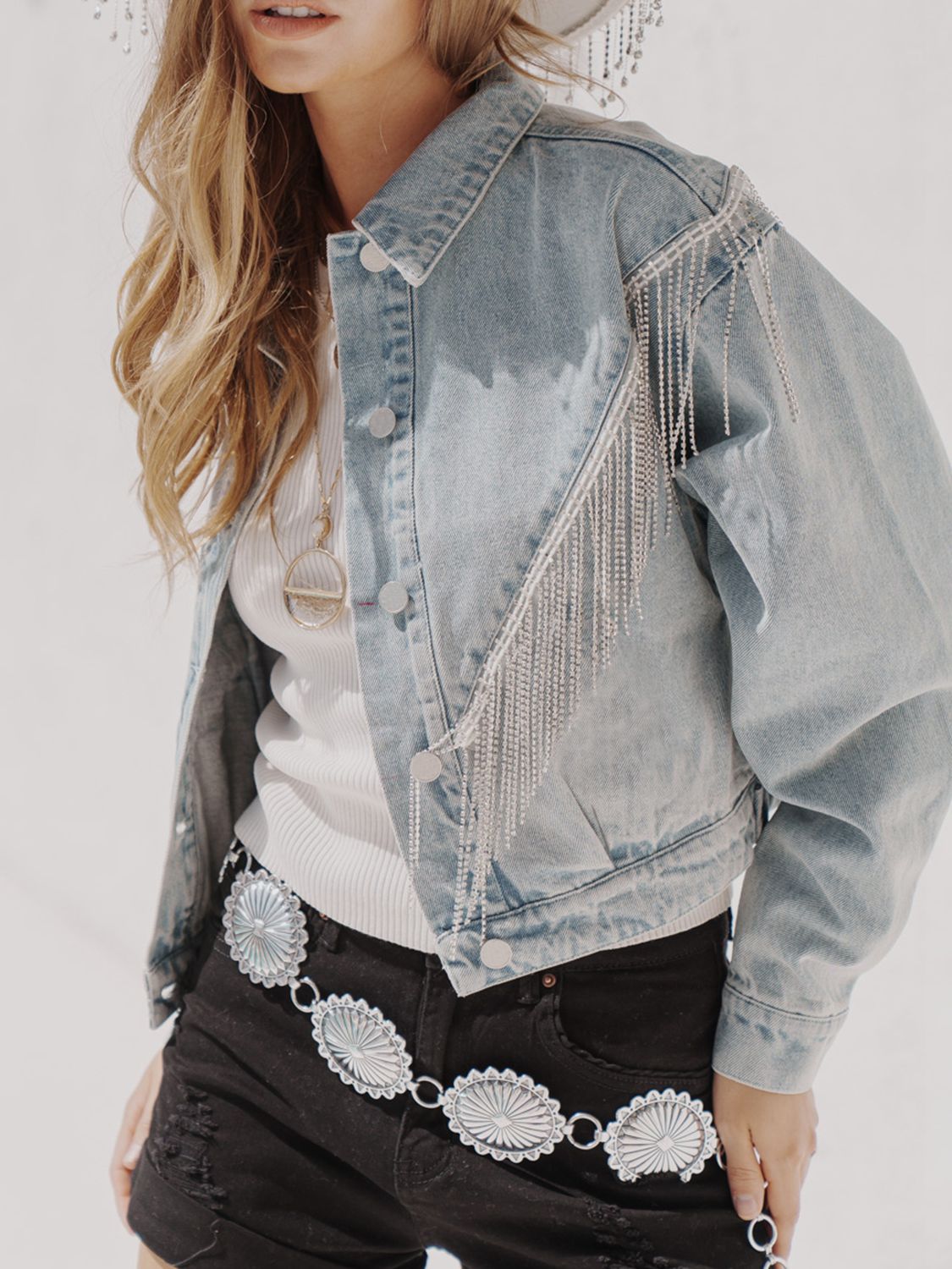 Fringe Detail Dropped Shoulder Denim Jacket BLUE ZONE PLANET