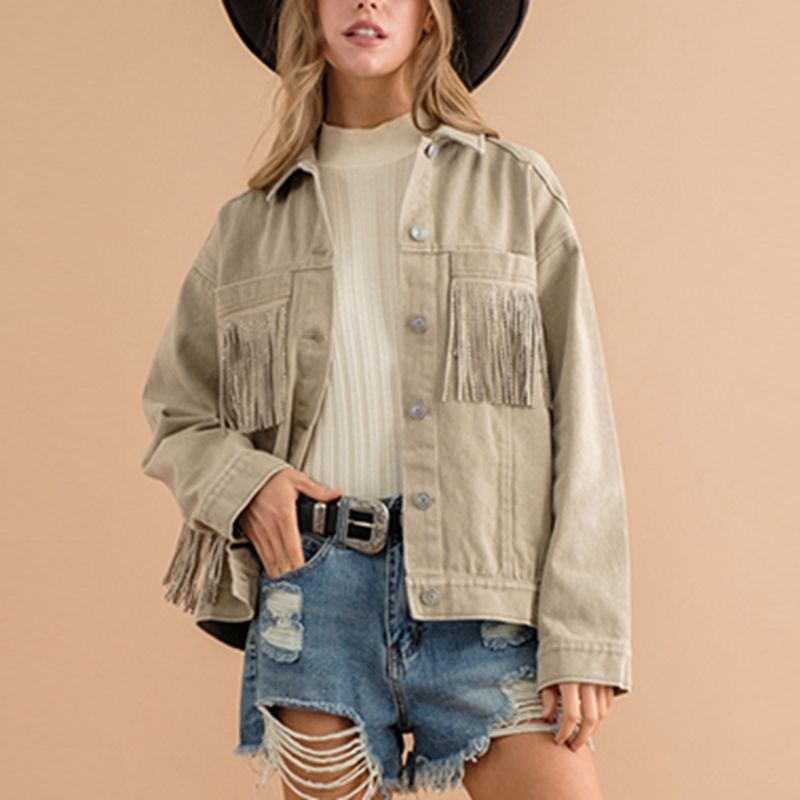 Fringe Detail Dropped Shoulder Denim Jacket BLUE ZONE PLANET