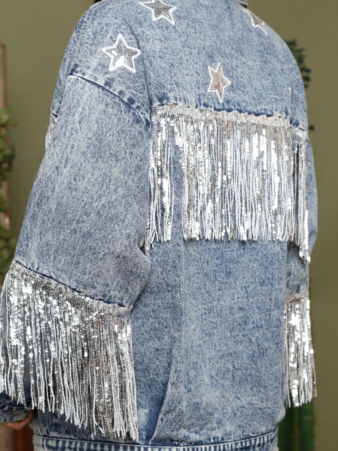 Fringe Detail Long Sleeve Denim Jacket BLUE ZONE PLANET