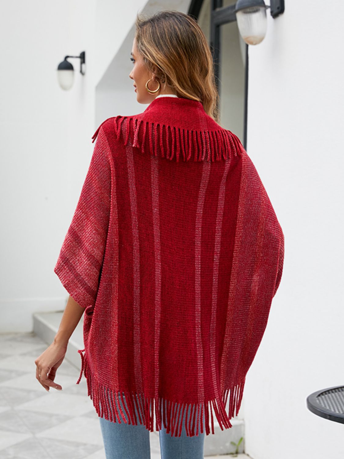 Fringe Detail Open Front Poncho BLUE ZONE PLANET