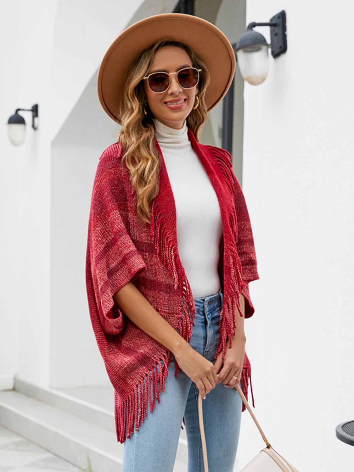 Fringe Detail Open Front Poncho BLUE ZONE PLANET