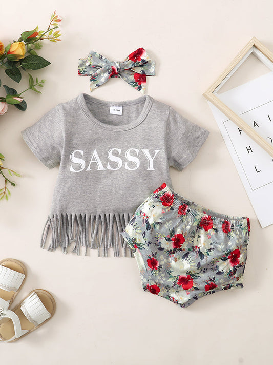 Fringe Detail SASSY Graphic T-Shirt and Floral Print Shorts Set BLUE ZONE PLANET