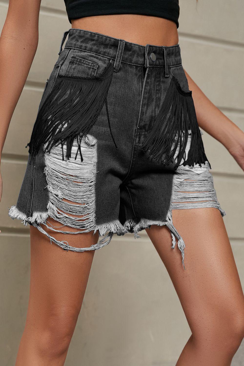 Fringe Trim Distressed Denim Shorts with Pockets BLUE ZONE PLANET