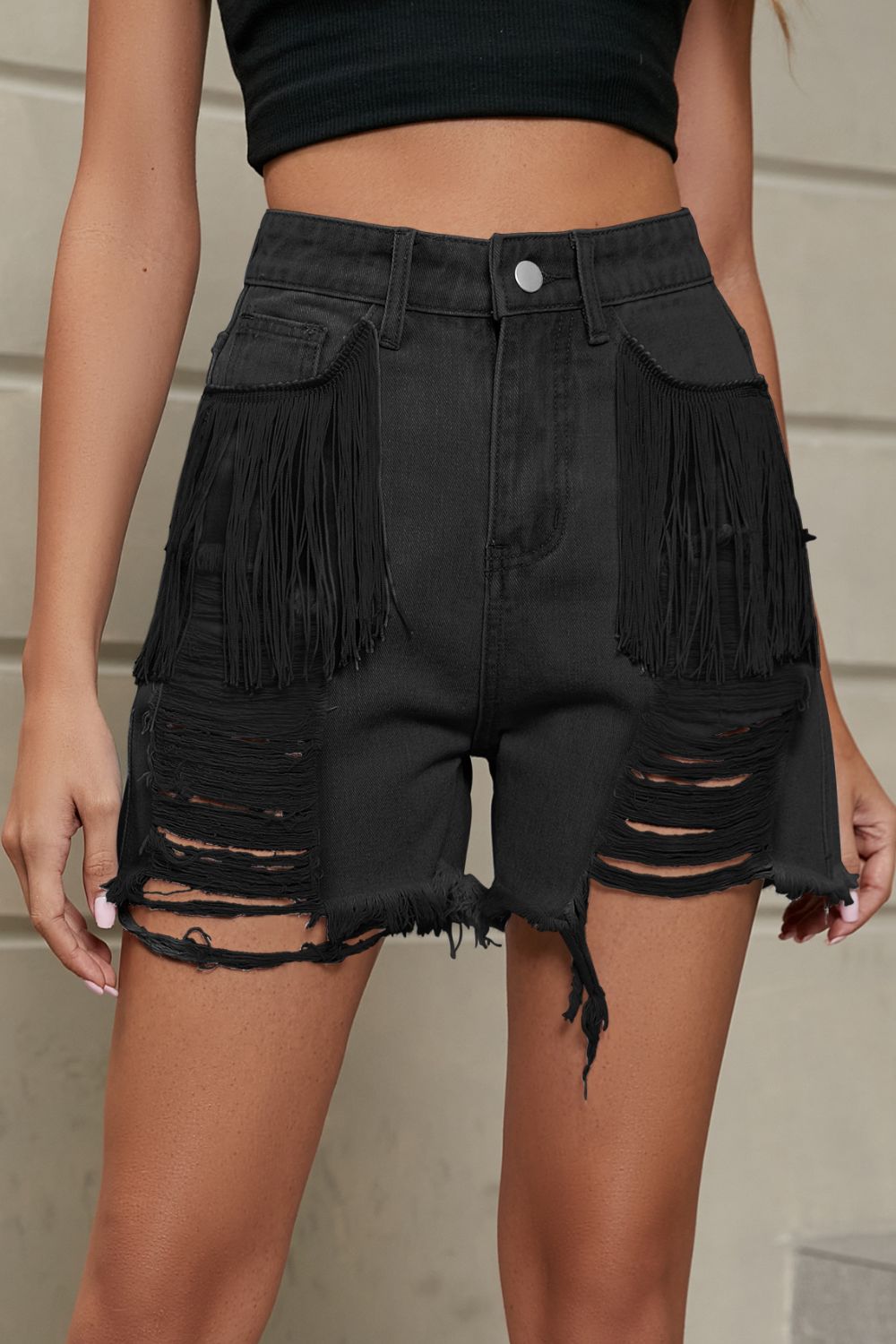 Fringe Trim Distressed Denim Shorts with Pockets BLUE ZONE PLANET