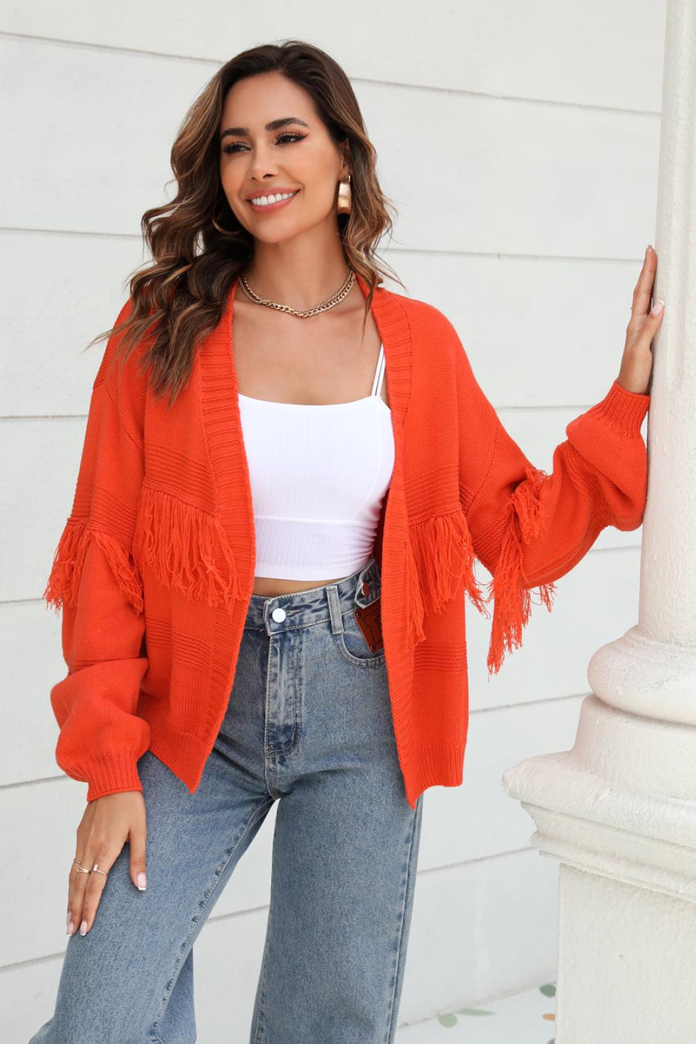 Fringe Trim Open Front Cardigan BLUE ZONE PLANET