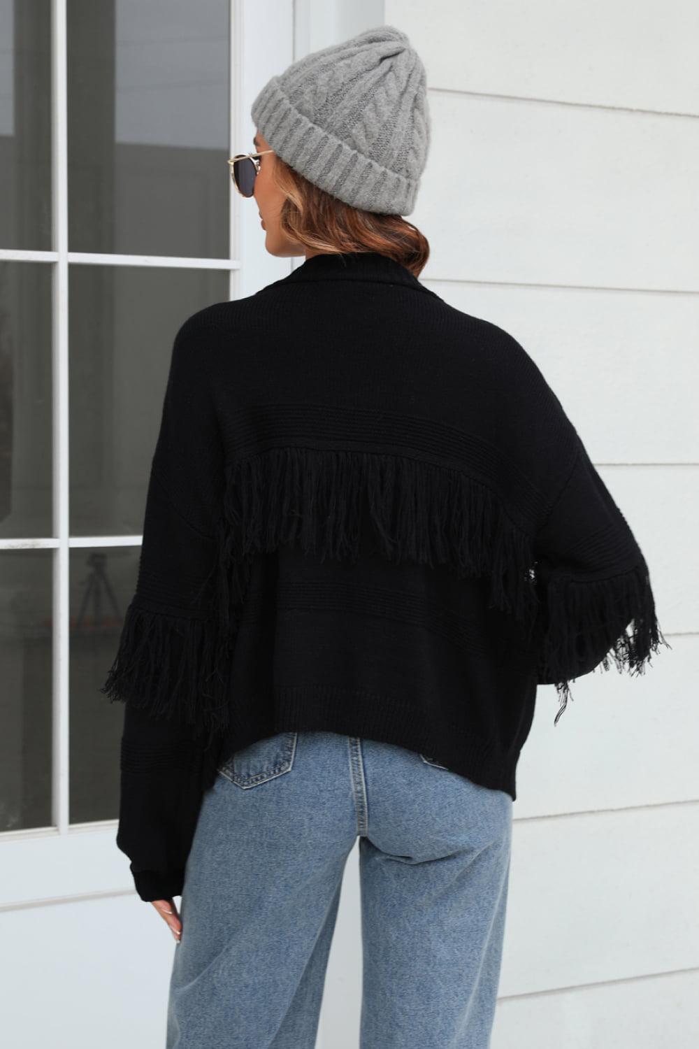 Fringe Trim Open Front Cardigan BLUE ZONE PLANET