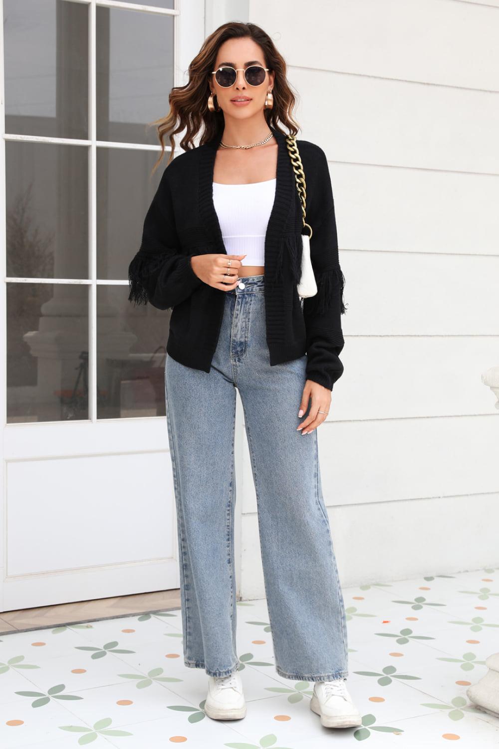 Fringe Trim Open Front Cardigan BLUE ZONE PLANET