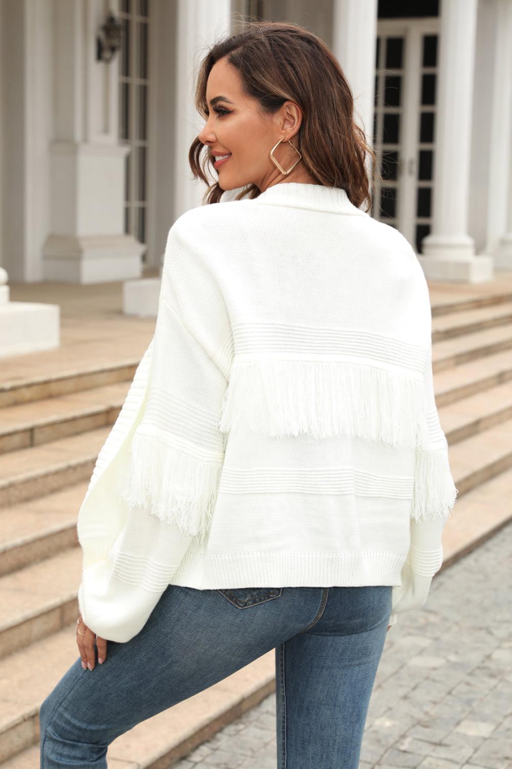 Fringe Trim Open Front Cardigan BLUE ZONE PLANET
