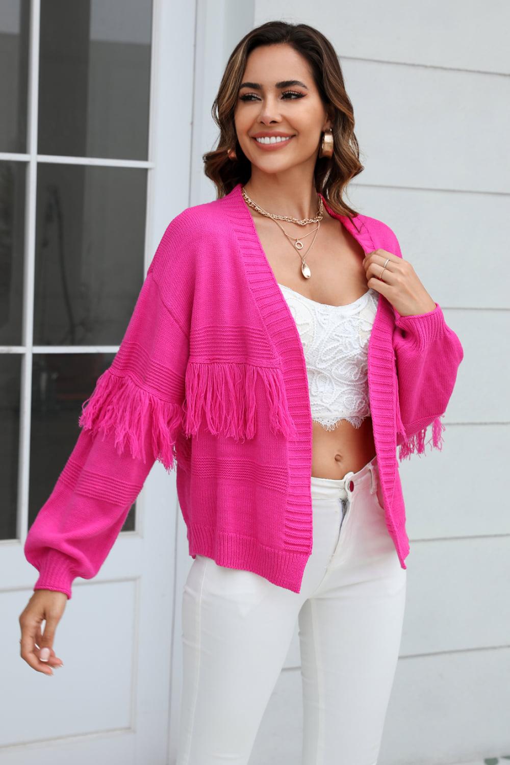 Fringe Trim Open Front Cardigan BLUE ZONE PLANET
