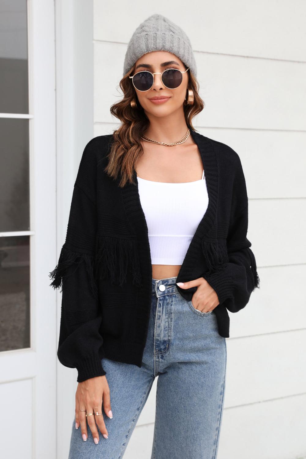 Fringe Trim Open Front Cardigan BLUE ZONE PLANET