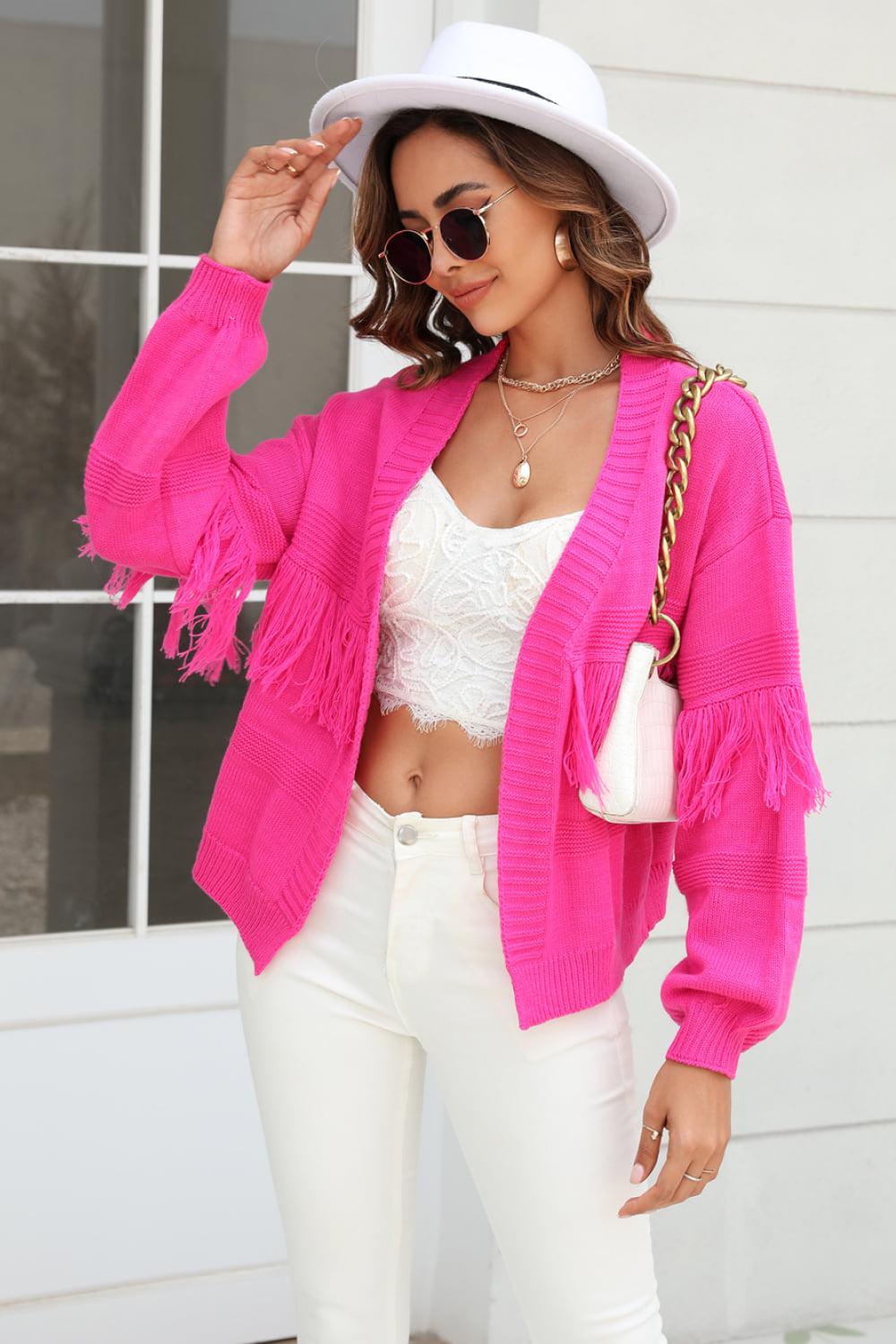 Fringe Trim Open Front Cardigan BLUE ZONE PLANET