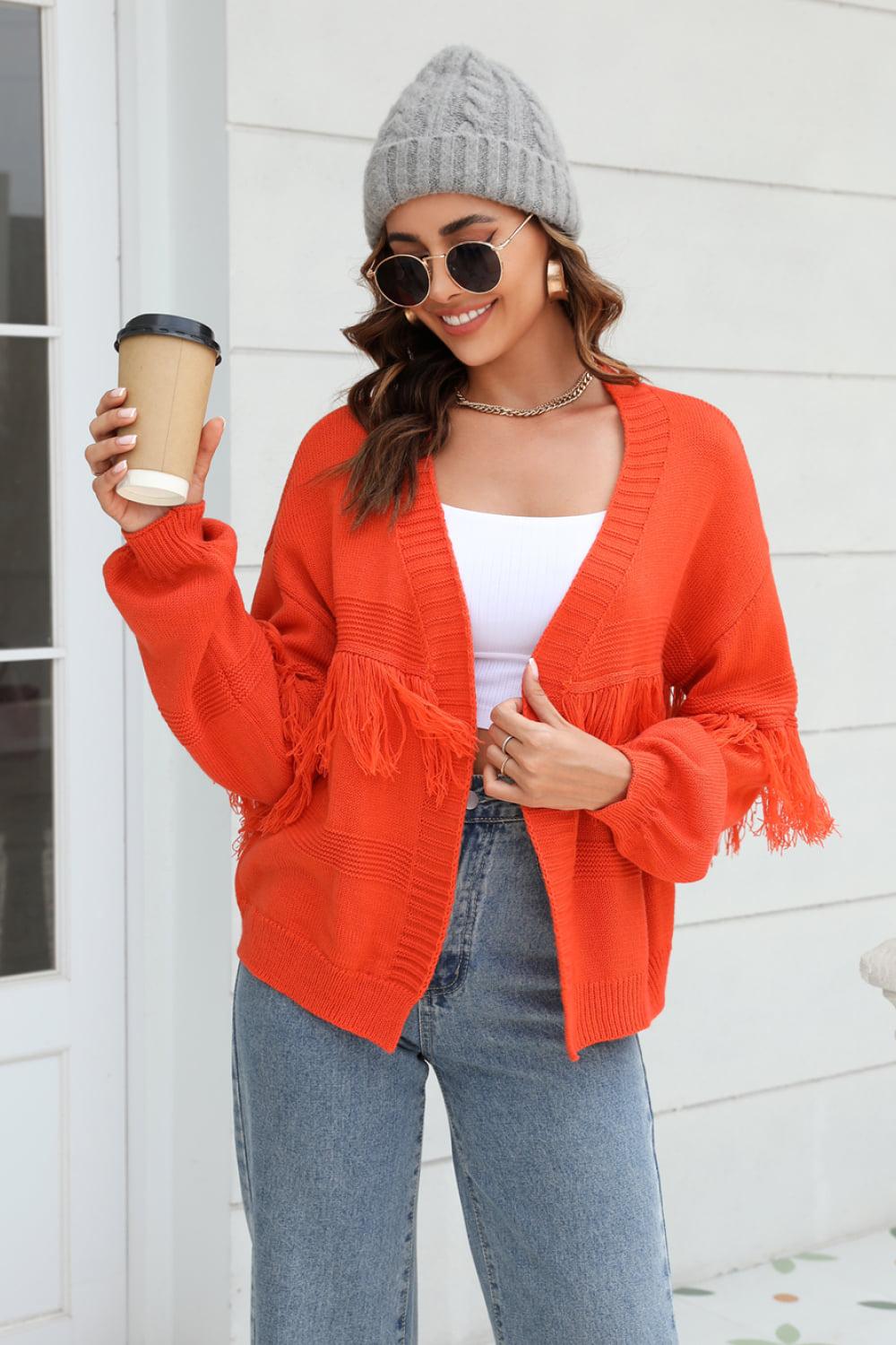 Fringe Trim Open Front Cardigan BLUE ZONE PLANET