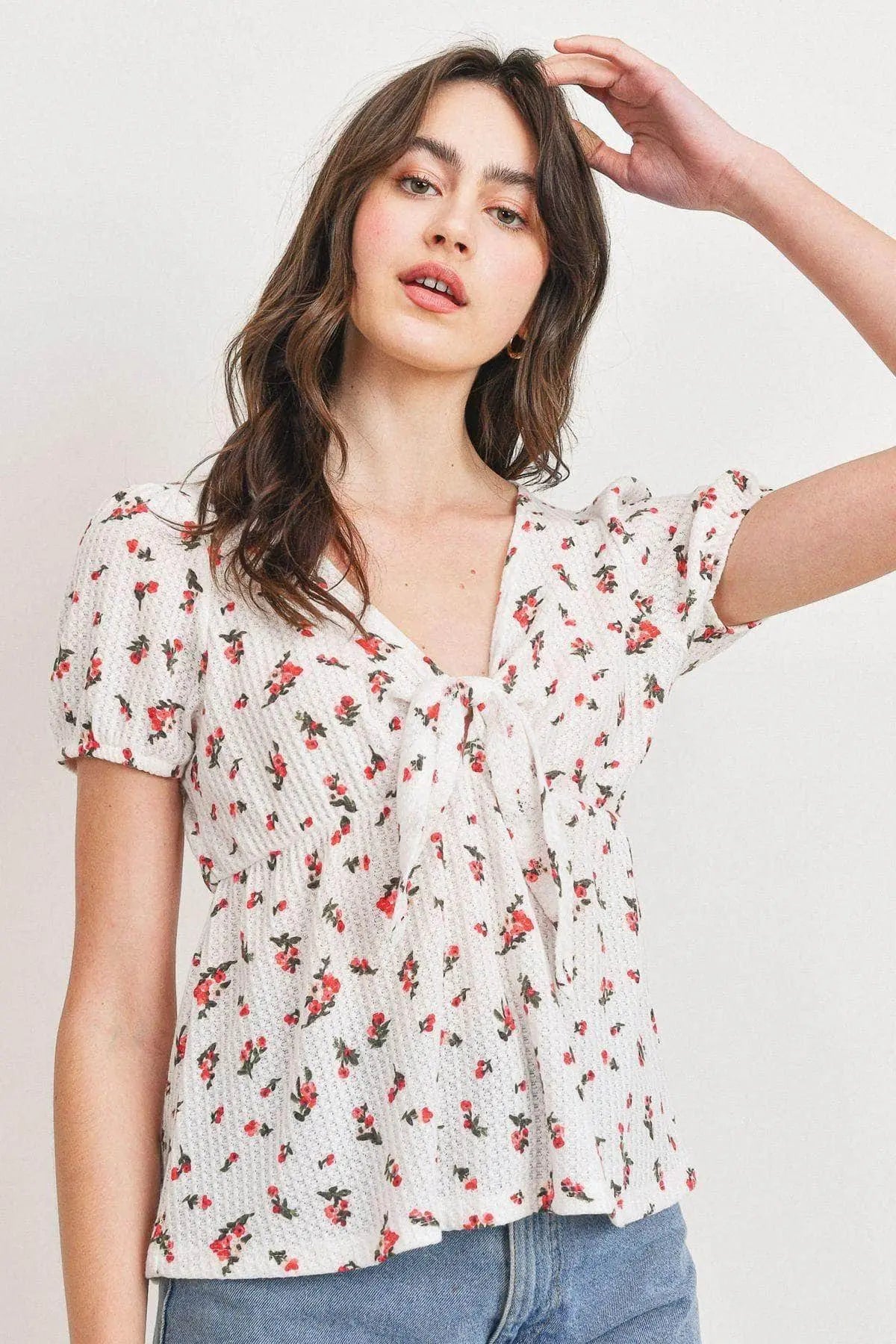 Front Tie Floral Waffle Top Blue Zone Planet