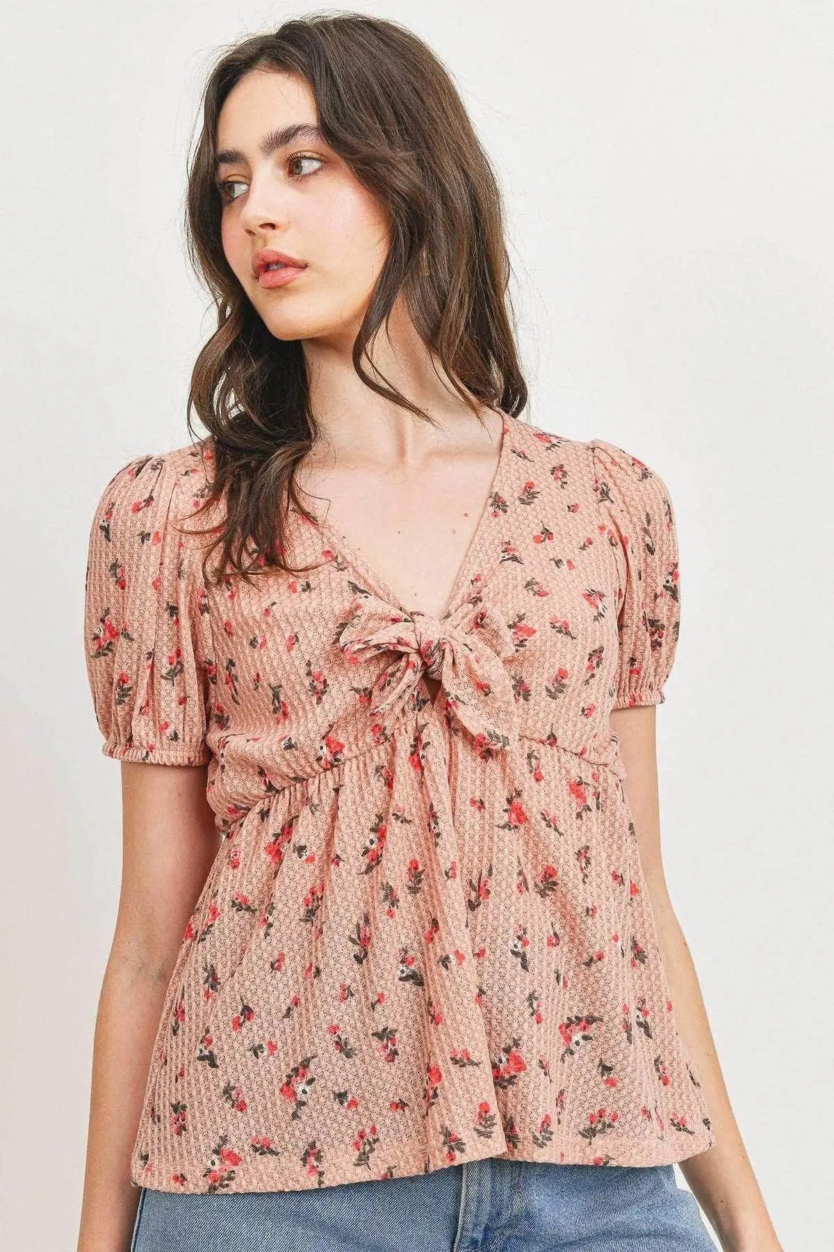 Front Tie Floral Waffle Top Blue Zone Planet