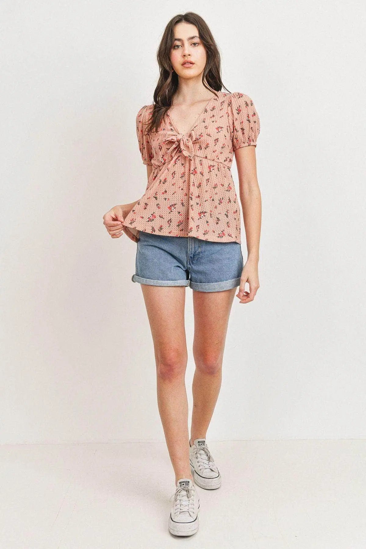 Front Tie Floral Waffle Top Blue Zone Planet