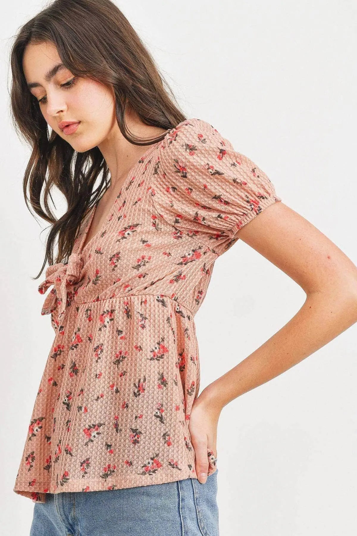 Front Tie Floral Waffle Top Blue Zone Planet