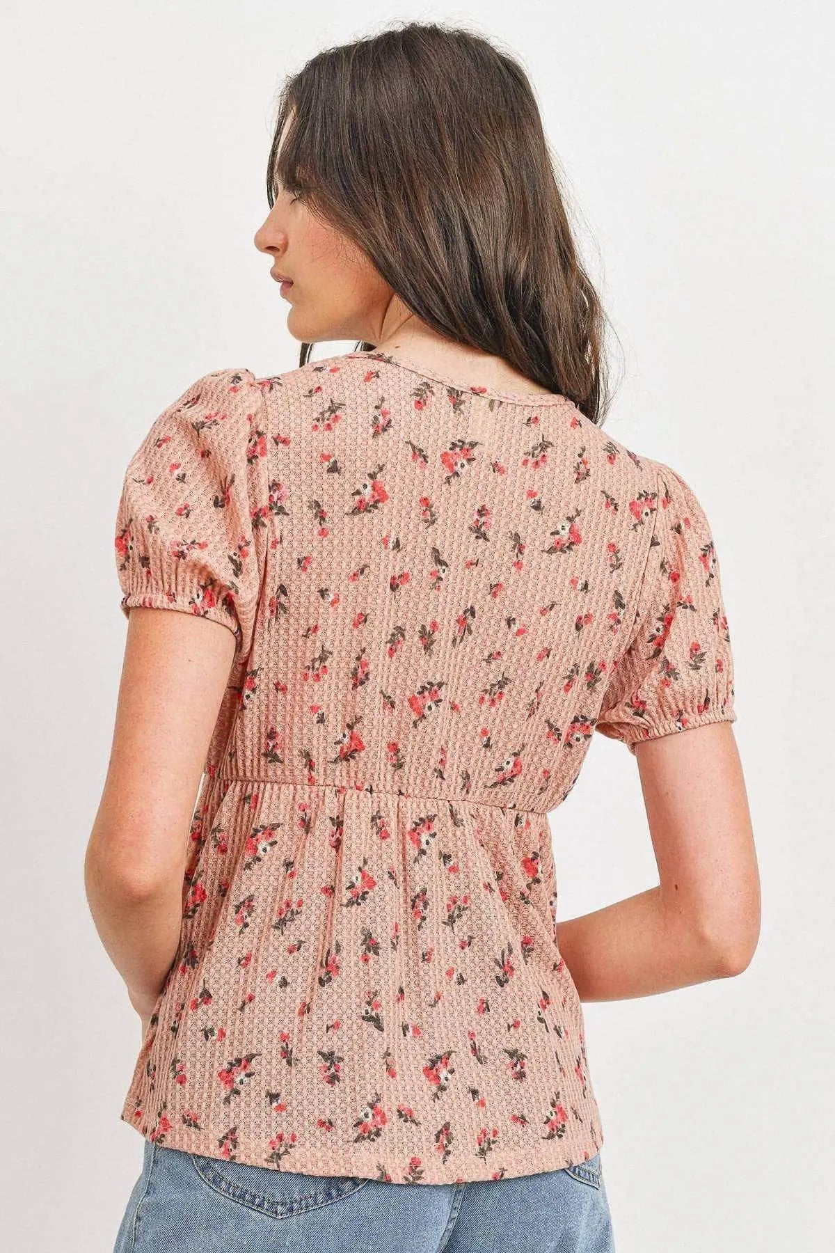 Front Tie Floral Waffle Top Blue Zone Planet