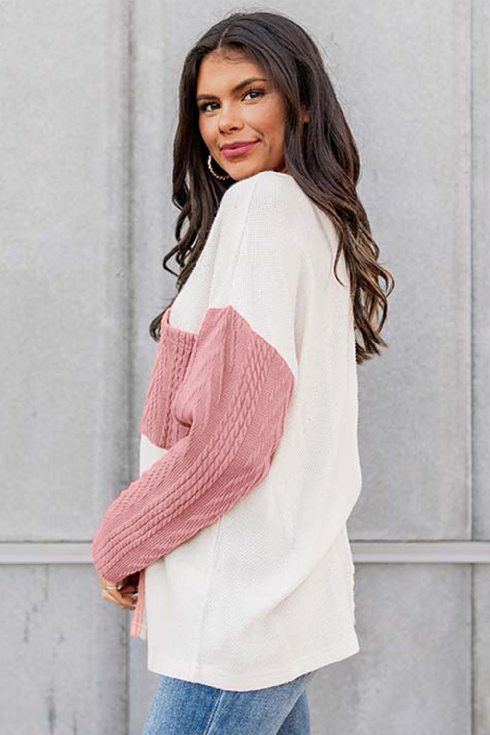 Full Size Color Block Cable-Knit Sweater BLUE ZONE PLANET