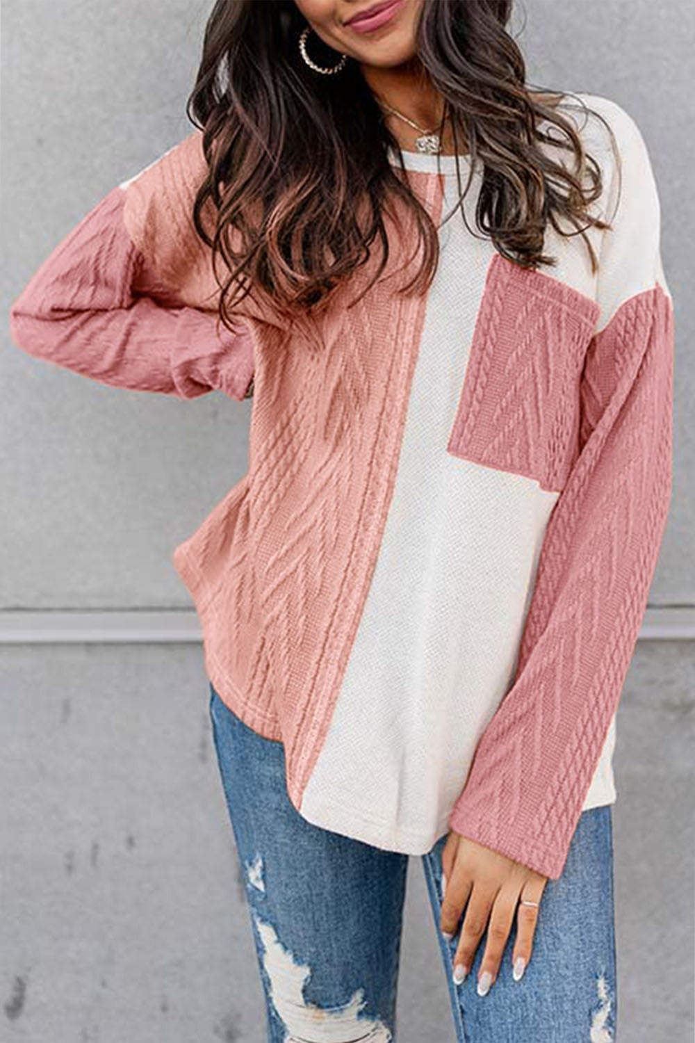 Full Size Color Block Cable-Knit Sweater BLUE ZONE PLANET