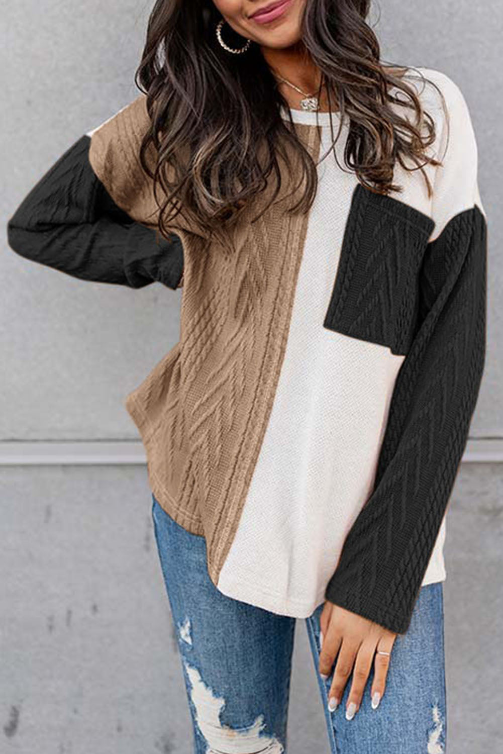 Full Size Color Block Cable-Knit Sweater BLUE ZONE PLANET