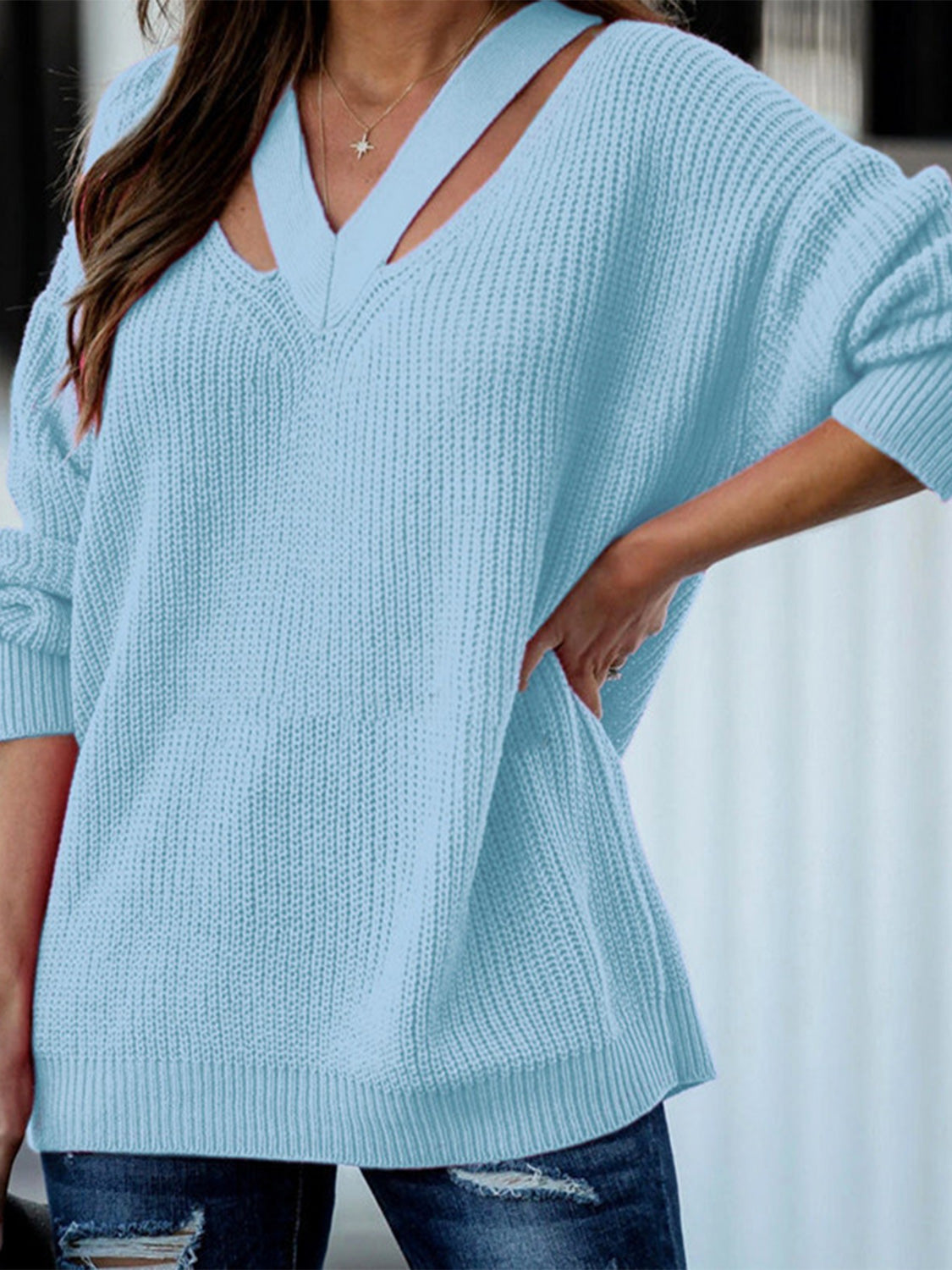 Full Size Cutout V-Neck Rib-Knit Sweater BLUE ZONE PLANET