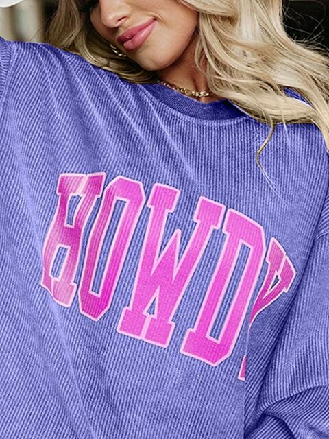 Full Size HOWDY Graphic Round Neck Sweatshirt BLUE ZONE PLANET
