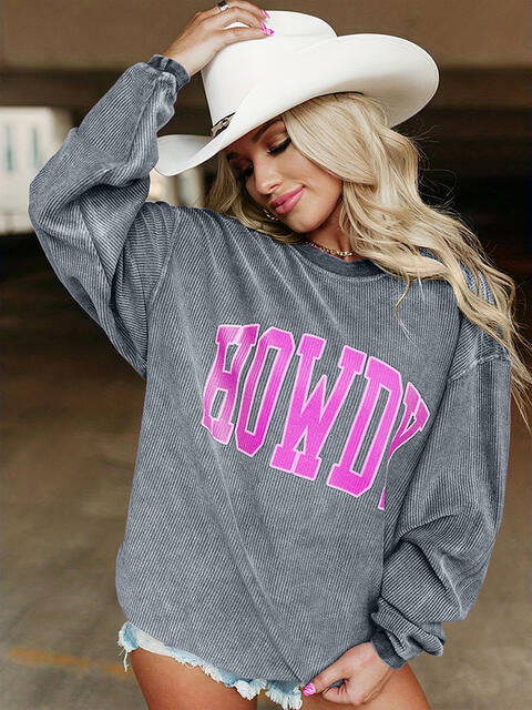 Full Size HOWDY Graphic Round Neck Sweatshirt BLUE ZONE PLANET