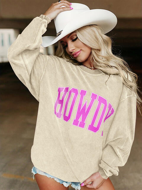 Full Size HOWDY Graphic Round Neck Sweatshirt BLUE ZONE PLANET
