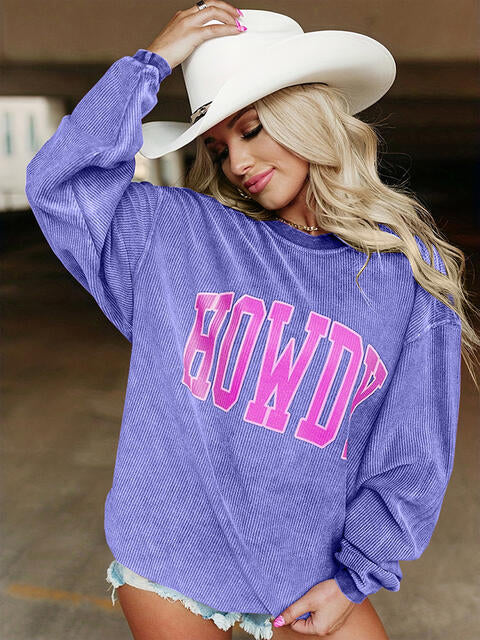 Full Size HOWDY Graphic Round Neck Sweatshirt BLUE ZONE PLANET