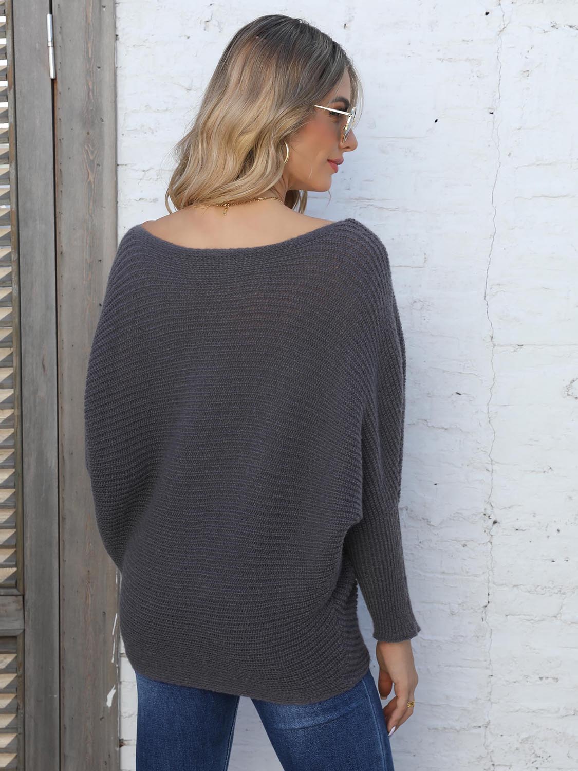 Full Size Horizontal Ribbing Dolman Sleeve Sweater BLUE ZONE PLANET