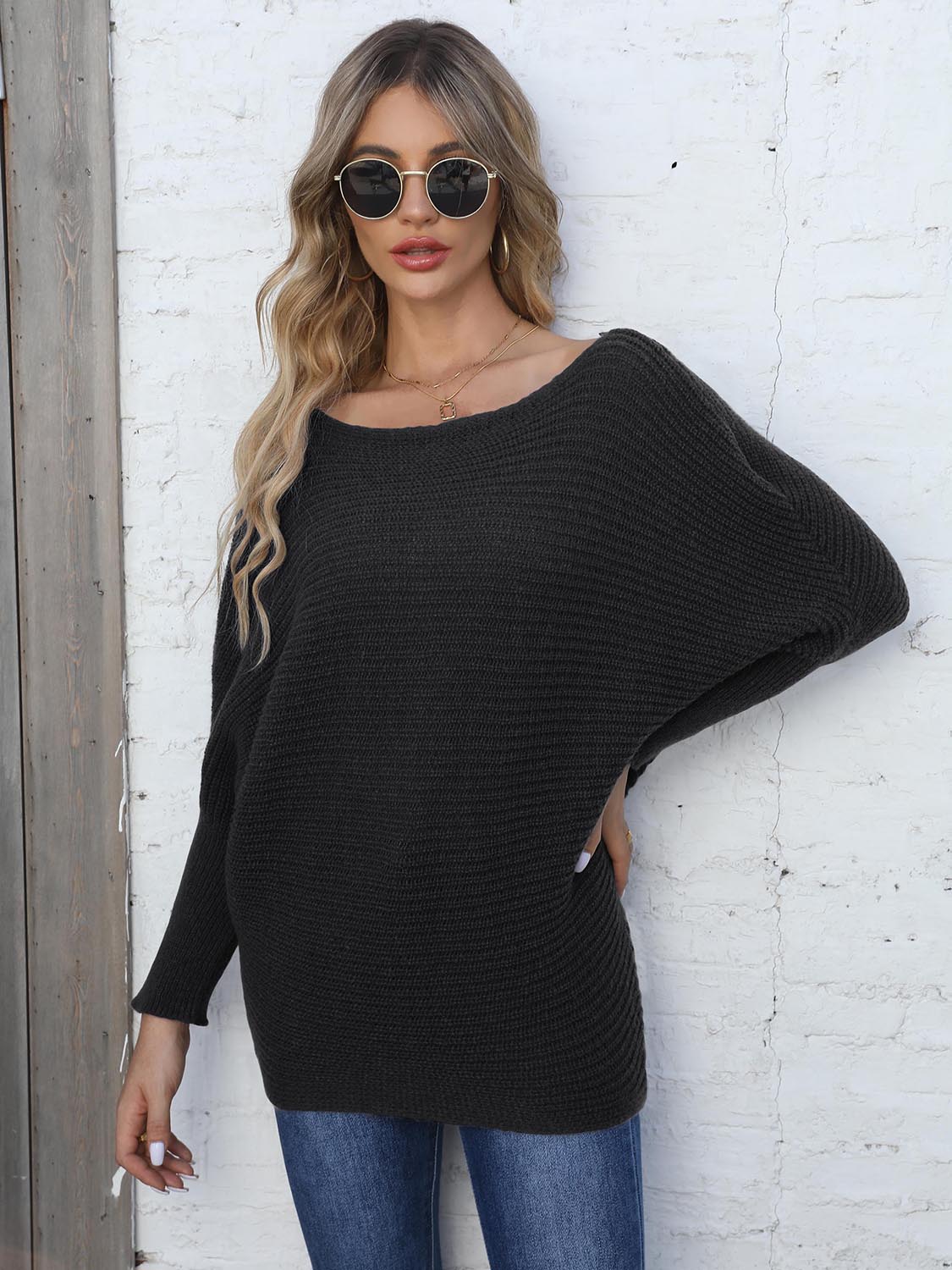 Full Size Horizontal Ribbing Dolman Sleeve Sweater BLUE ZONE PLANET