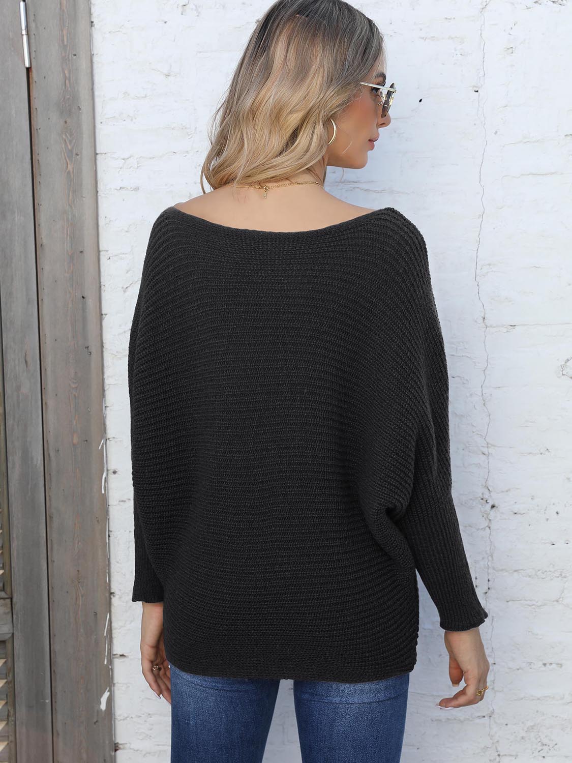 Full Size Horizontal Ribbing Dolman Sleeve Sweater BLUE ZONE PLANET