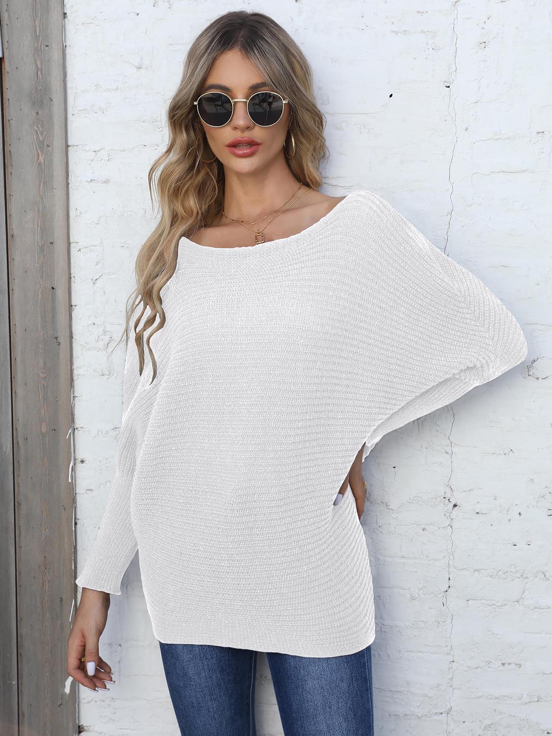 Full Size Horizontal Ribbing Dolman Sleeve Sweater BLUE ZONE PLANET