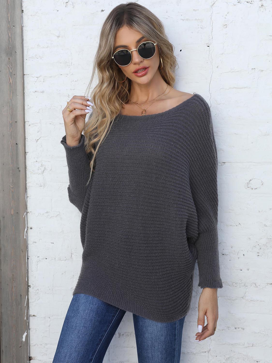 Full Size Horizontal Ribbing Dolman Sleeve Sweater BLUE ZONE PLANET