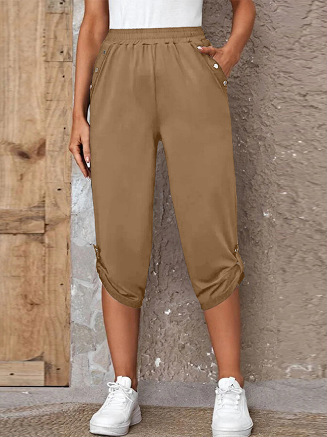 Full Size Roll-Tab Capris Pants BLUE ZONE PLANET