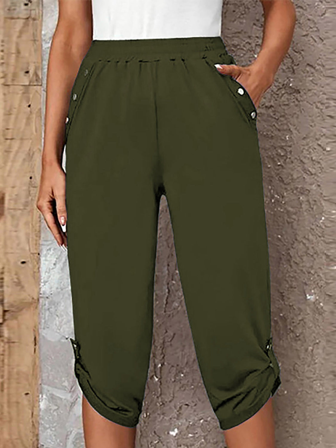Full Size Roll-Tab Capris Pants BLUE ZONE PLANET
