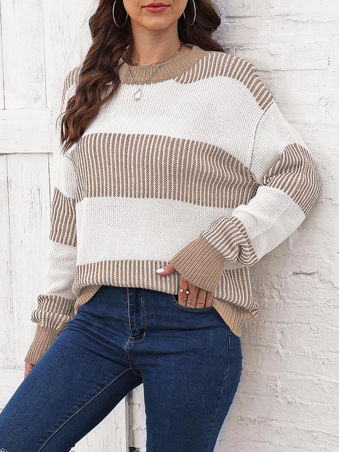 Full Size Round Neck Drop Shoulder Sweater BLUE ZONE PLANET