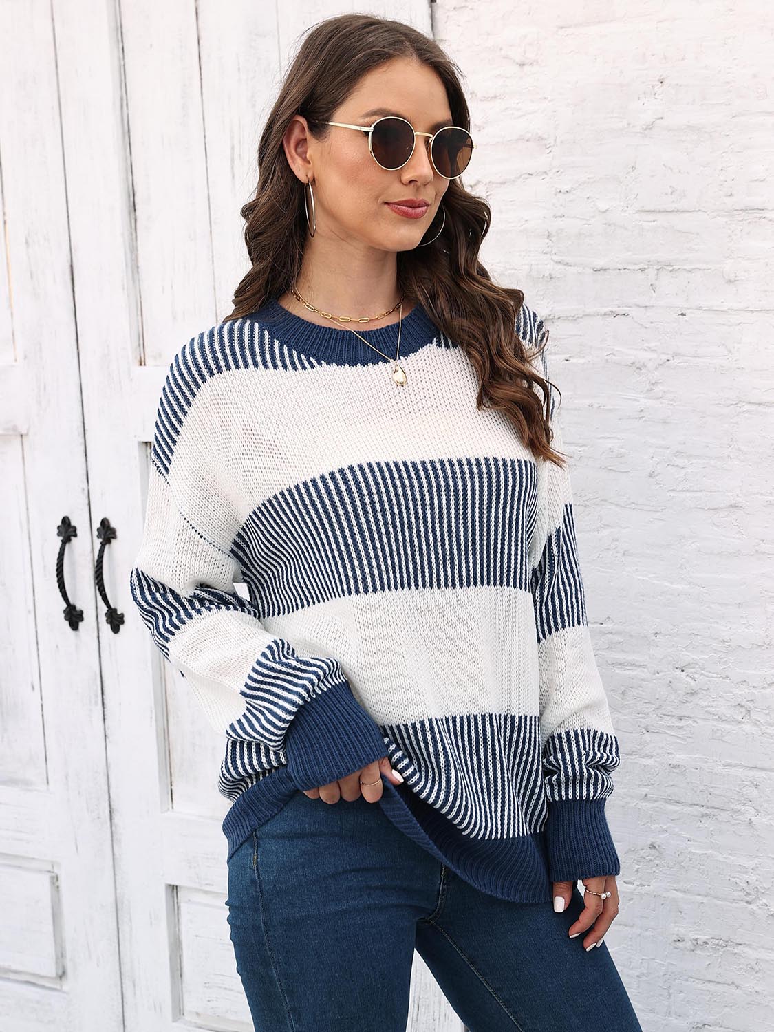 Full Size Round Neck Drop Shoulder Sweater BLUE ZONE PLANET