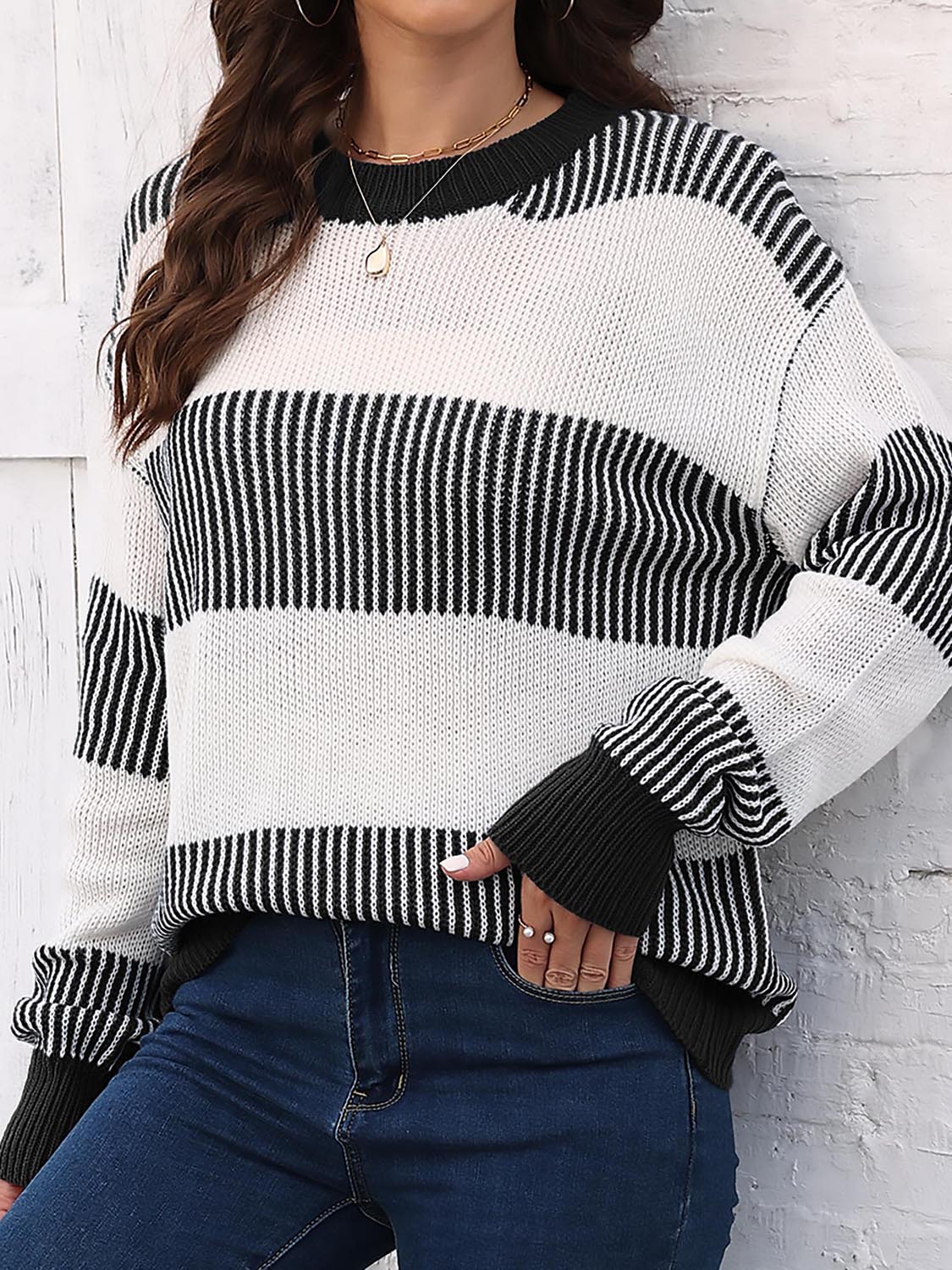 Full Size Round Neck Drop Shoulder Sweater BLUE ZONE PLANET