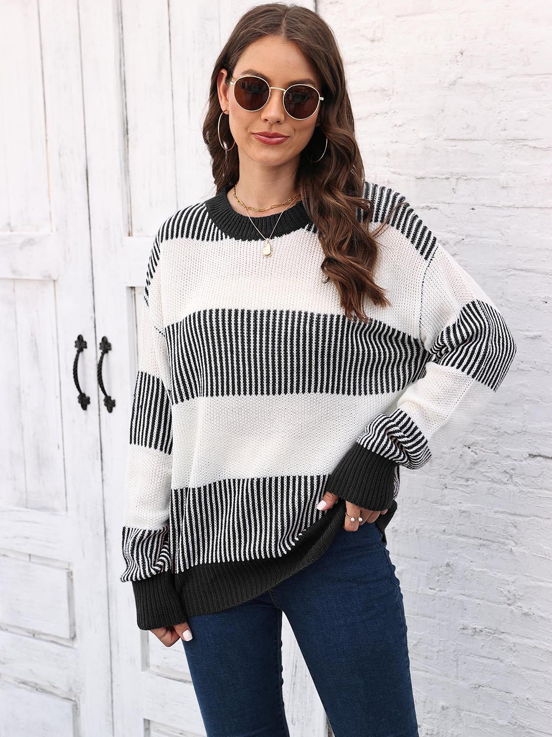 Full Size Round Neck Drop Shoulder Sweater BLUE ZONE PLANET