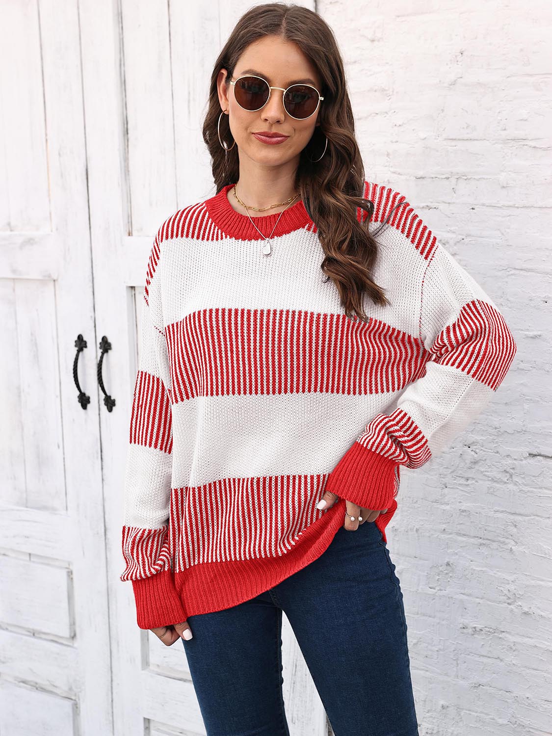 Full Size Round Neck Drop Shoulder Sweater BLUE ZONE PLANET
