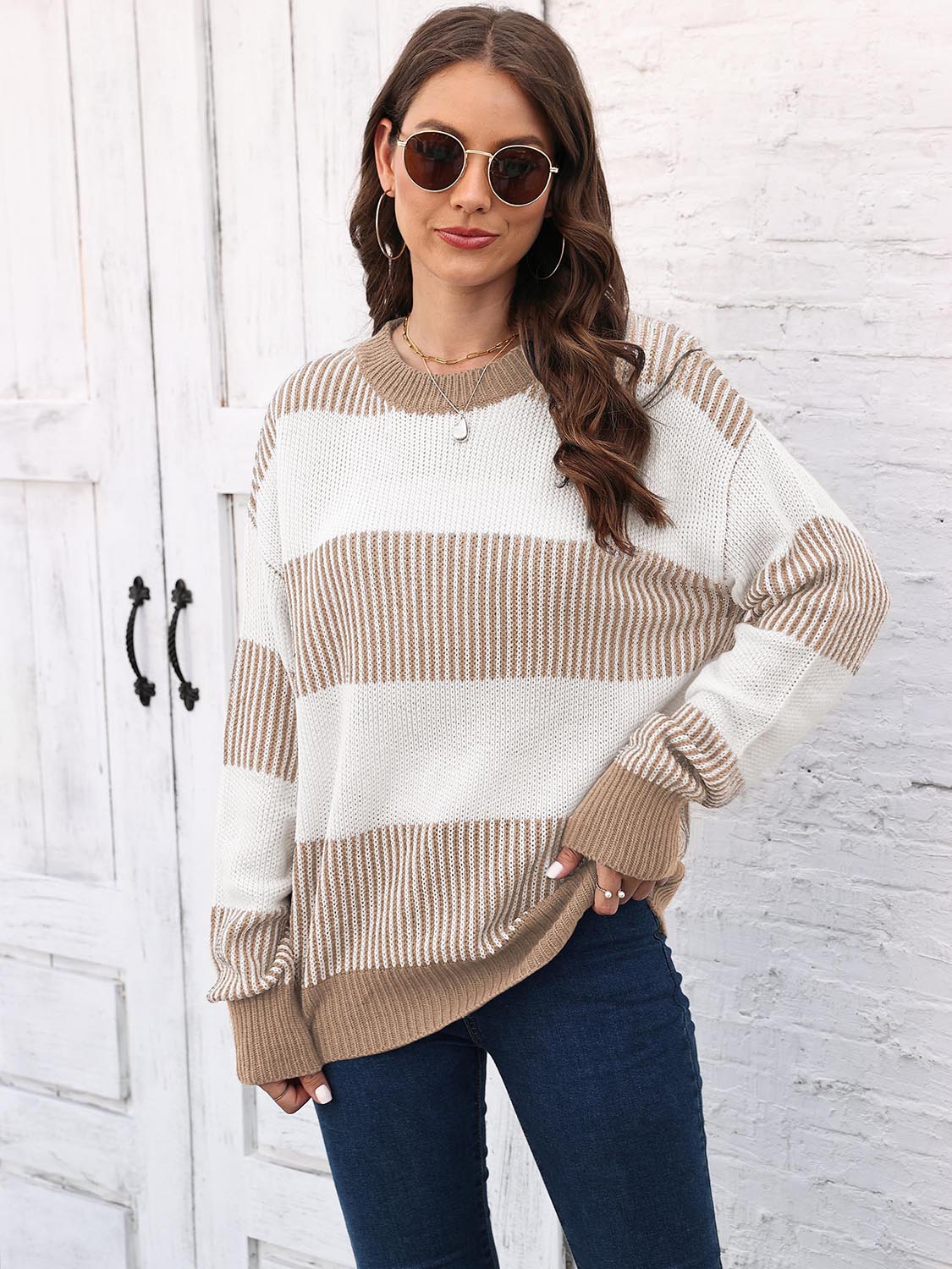 Full Size Round Neck Drop Shoulder Sweater BLUE ZONE PLANET