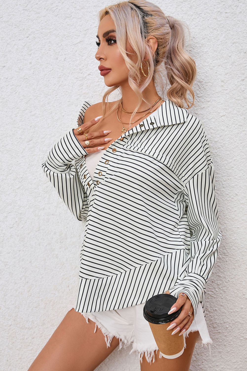 Full Size Striped Collared Top BLUE ZONE PLANET