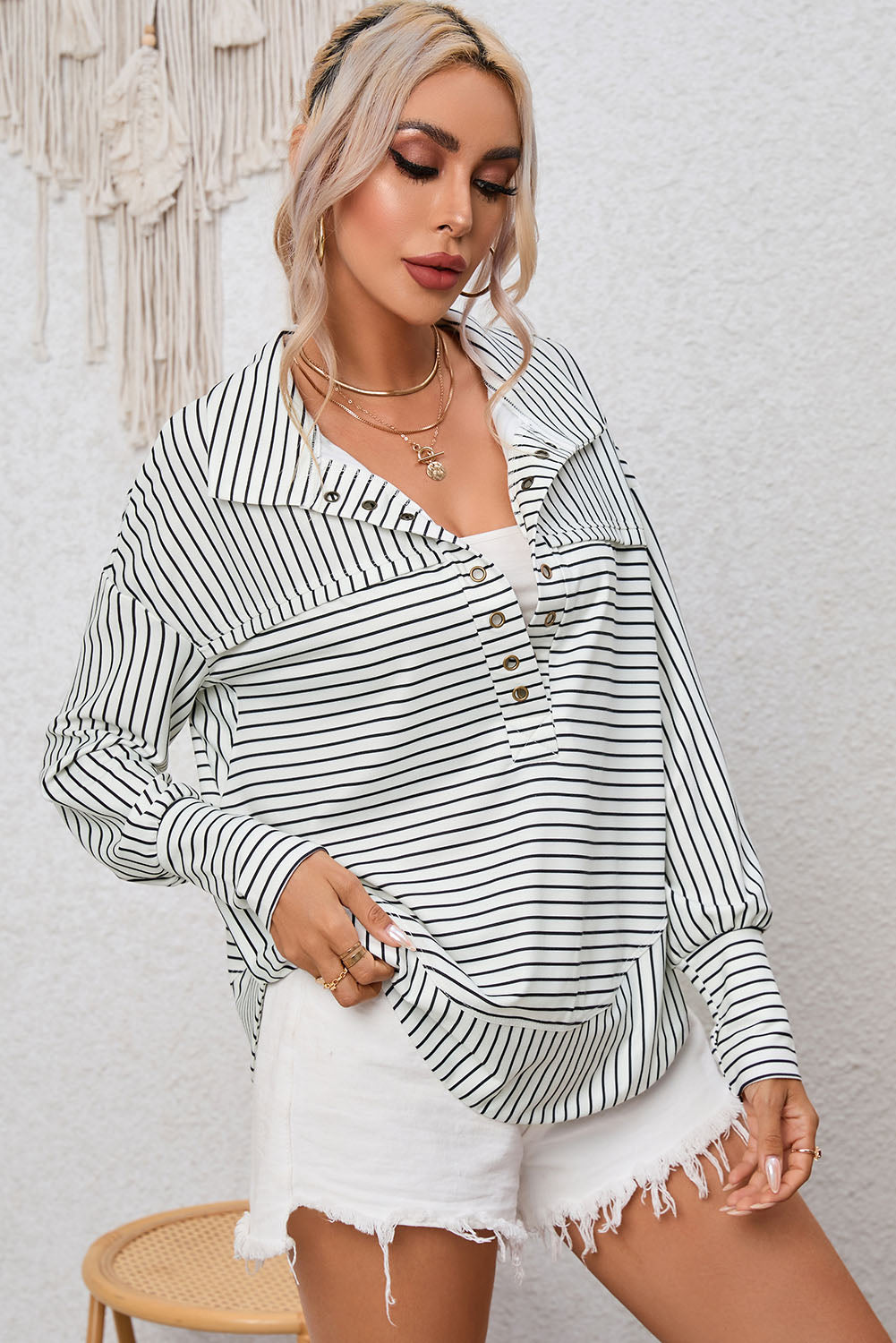 Full Size Striped Collared Top BLUE ZONE PLANET