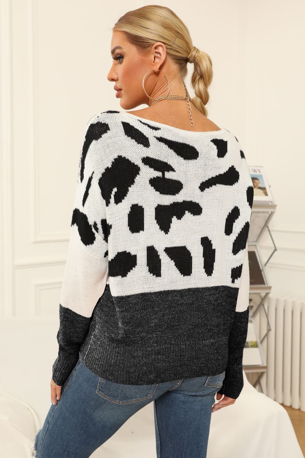 Full Size Two-Tone Boat Neck Sweater BLUE ZONE PLANET