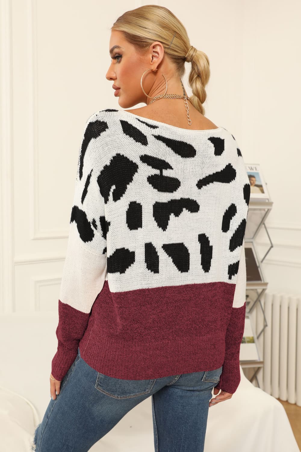 Full Size Two-Tone Boat Neck Sweater BLUE ZONE PLANET