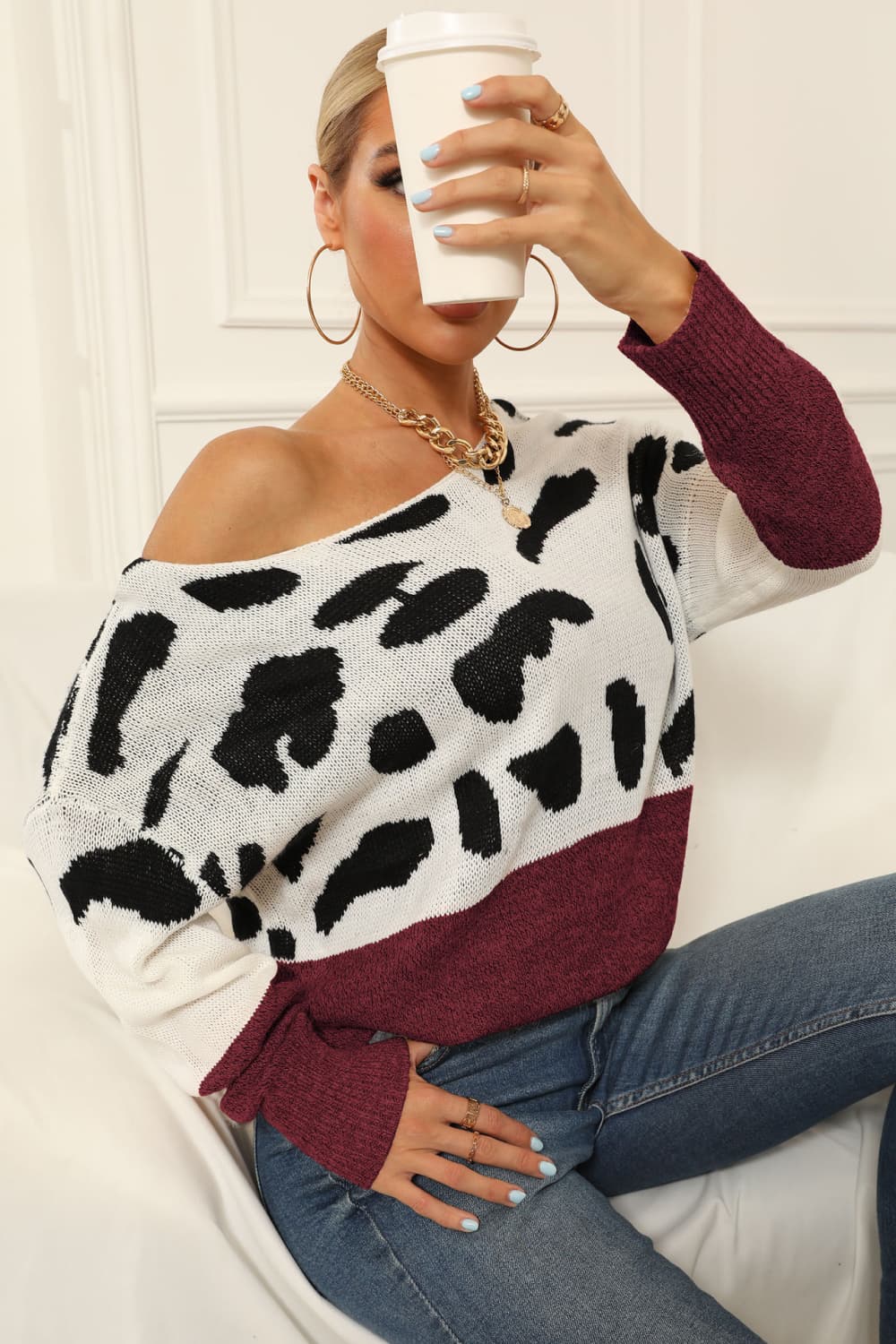 Full Size Two-Tone Boat Neck Sweater BLUE ZONE PLANET